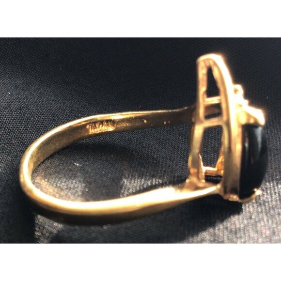 Gold Plated Teardrop Black Onyx Obsta Ring With Clear Stone Accent Size 7 - Picture 5 of 7